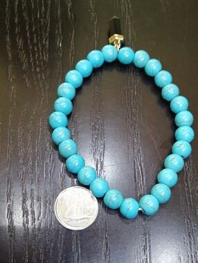 Turquoise Beaded Stretch Bracelet with Black Pendant